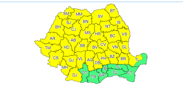 Instabilitate atmosferică până duminică seară. Până sâmbătă dimineaţă în majoritatea judeţelor ţării e cod galben