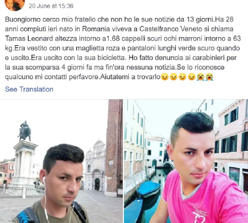 Rom&acirc;n de 28 ani dat dispărut de două săptăm&acirc;ni &icirc;n Italia