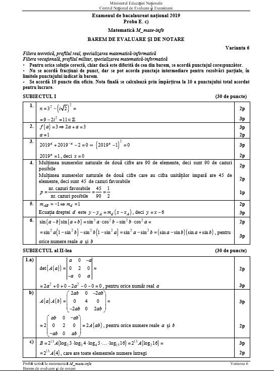 Barem BAC MATEMATICA MATE INFO