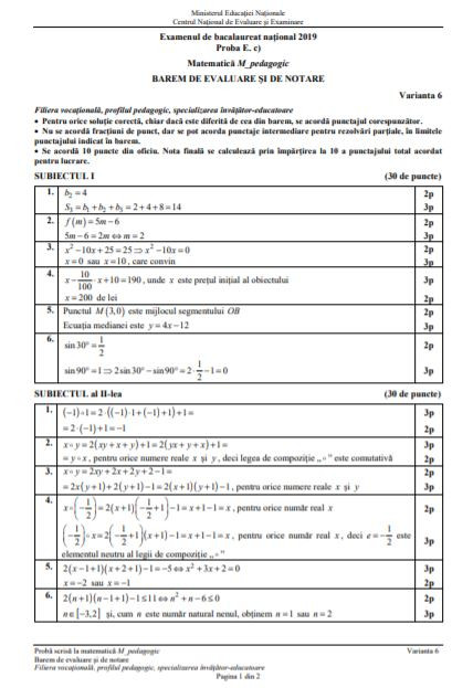 Barem subiecte matematică profil pedagogic, bac 2019
