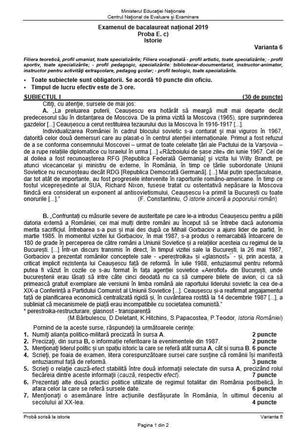 Subiecte Istorie Bacalaureat 2019