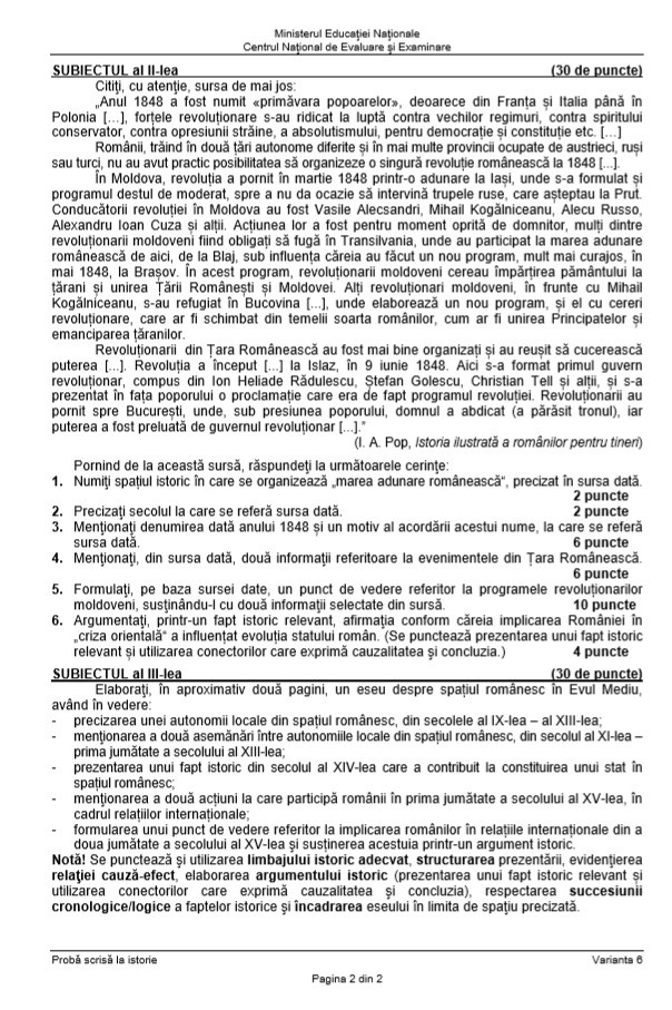 Subiecte Istorie Bacalaureat 2019