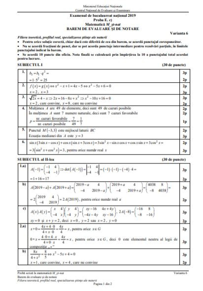 Barem subiecte matematică Profil Științele naturii