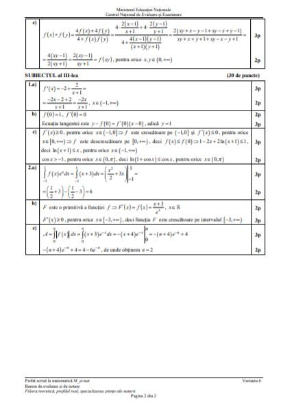 Barem subiecte matematică Profil Științele naturii