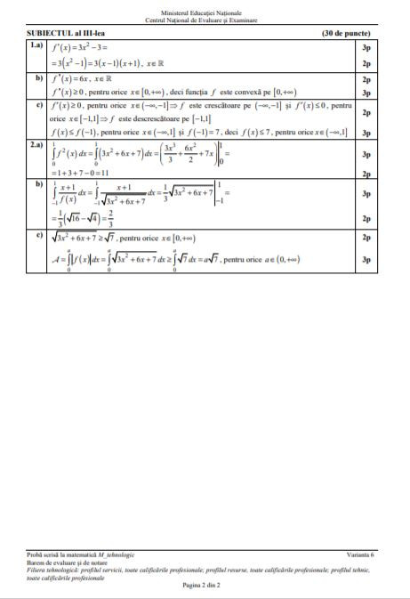 Barem subiecte matematică Profil Tehnologic