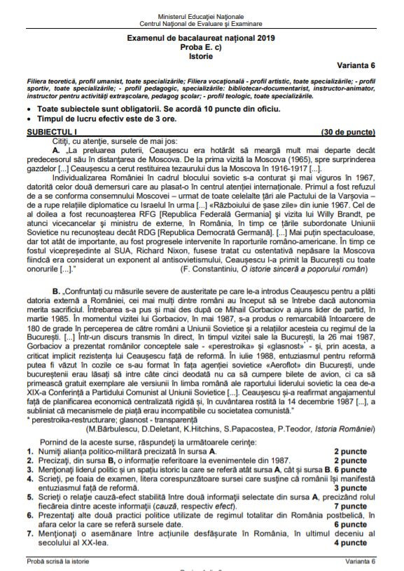 Subiecte ISTORIE BAC 2019