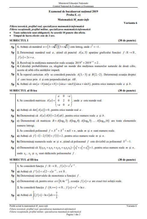 Subiecte MATEMATICĂ BAC 2019, MATE INFO