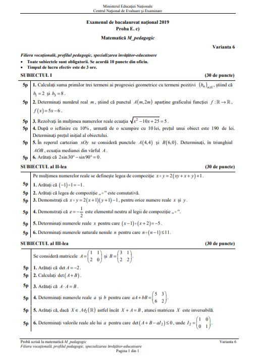 Subiecte MATEMATICĂ BAC 2019, PEDAGOGIC
