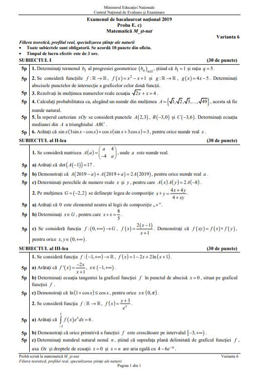 Subiecte MATEMATICĂ BAC 2019, ȘTIINȚELE NATURII