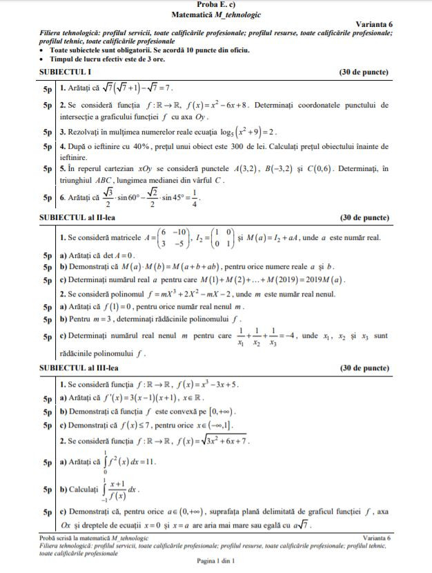 Subiecte MATEMATICĂ BAC 2019, TEHNOLOGIC