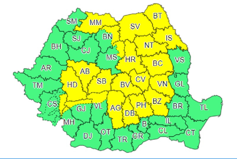 Cod galben de ploi torențiale &icirc;n 22 de județe