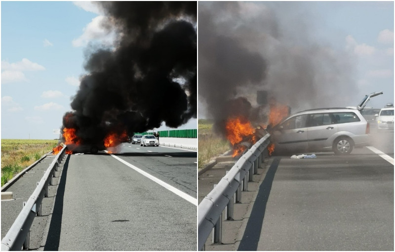 Mașină în flăcări pe Autostrada Soarelui. Șoferița s-a oprit în parapet