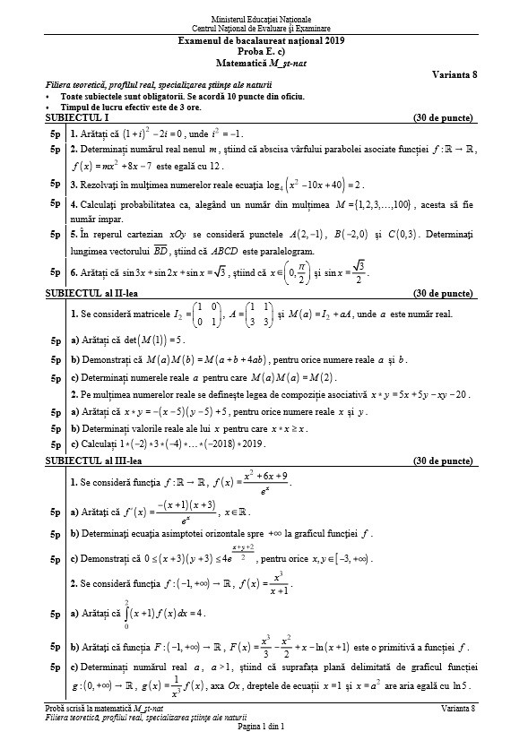 Subiecte Mate, stiintele naturii