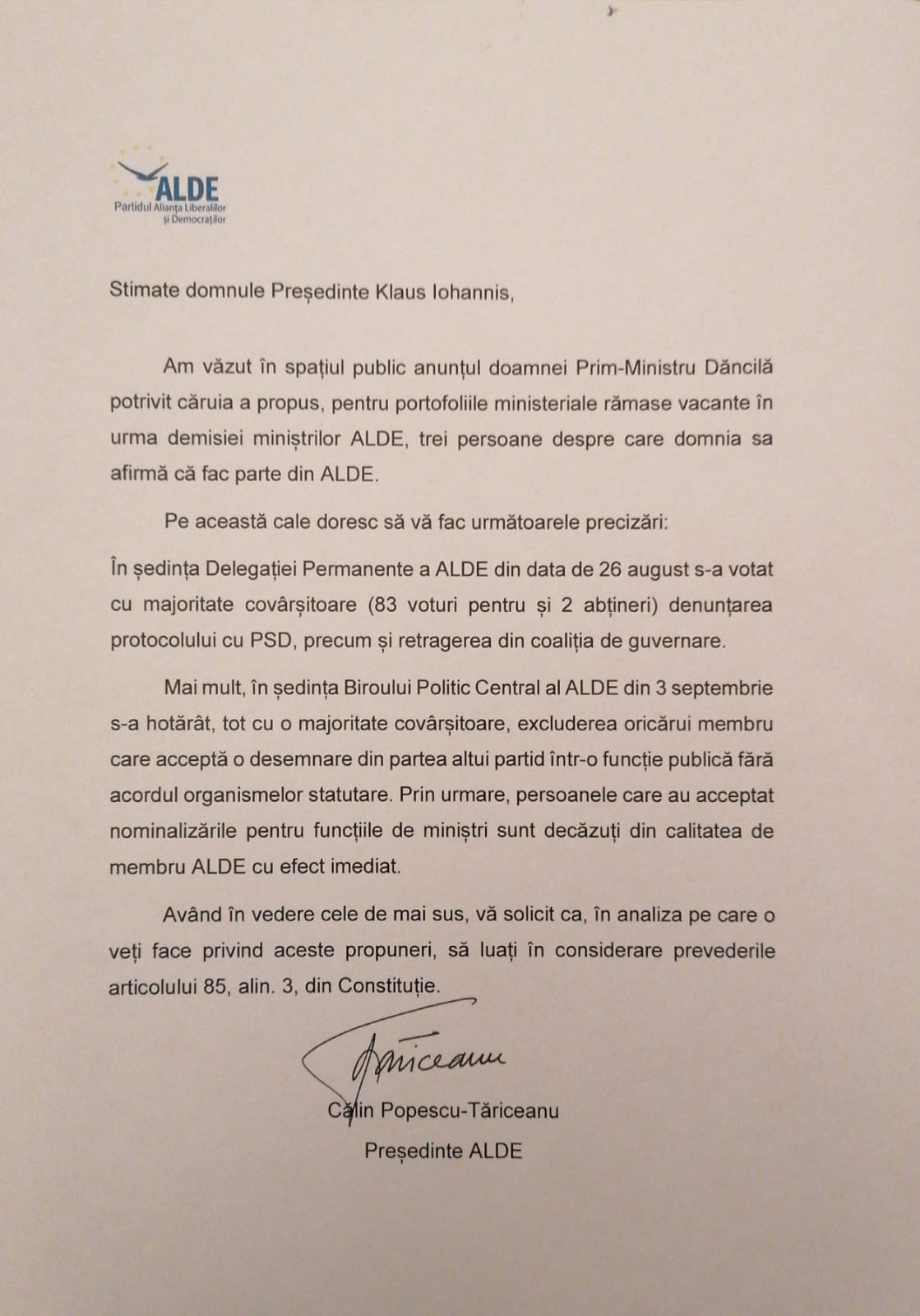 Tăriceanu, scrisoare către Iohannis. Ce i-a cerut liderul ALDE președintelui