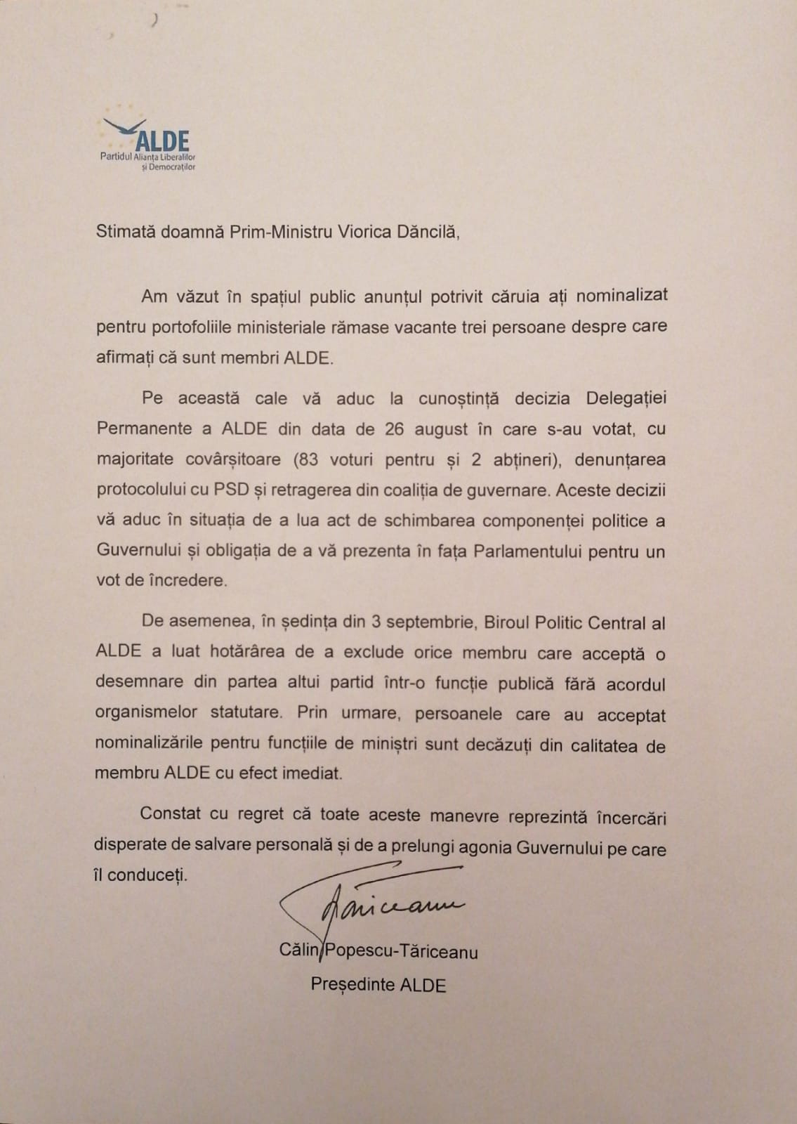 Călin Popescu Tăriceanu, scrisoare către Viorica Dăncilă