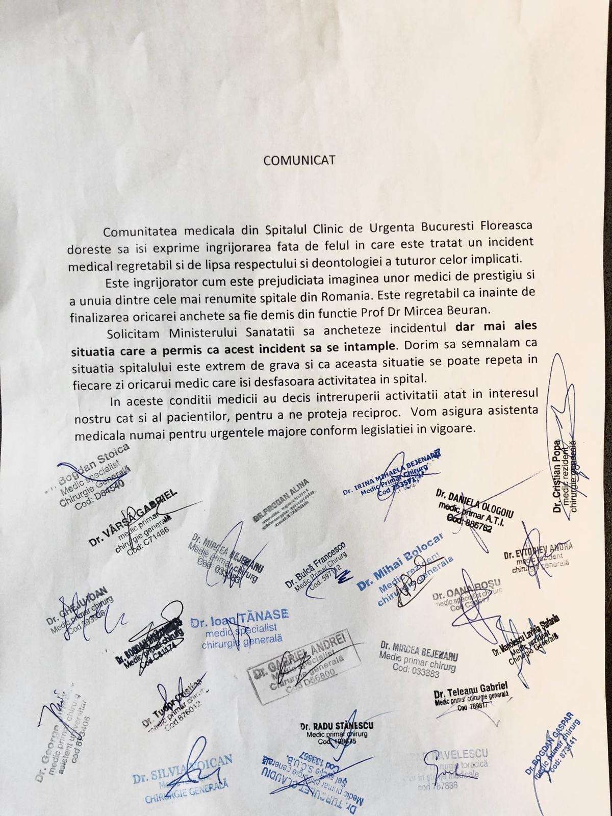 comunicat medici floreasca