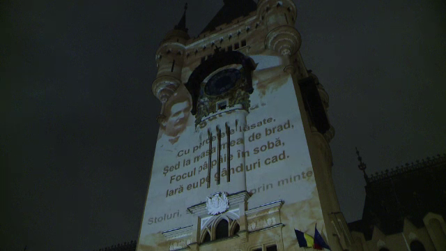 170 de ani de la nașterea lui Eminescu. Versurile proiectate pe fațada Palatului Culturii din Iași