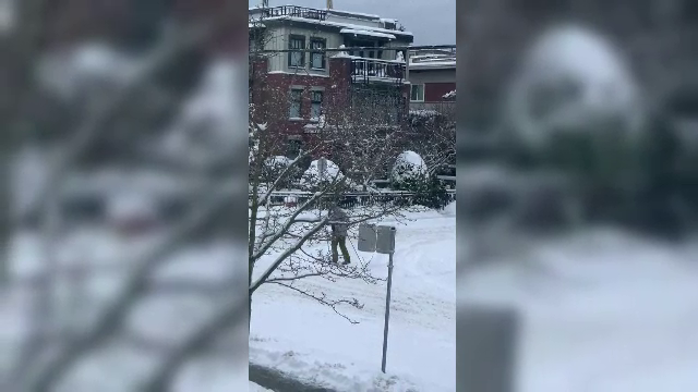 Un locuitor din Vancouver, filmat în timp ce se deplasa pe stradă cu schiurile