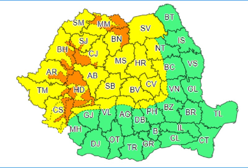 Cod portocaliu de precipitaţii abundente &icirc;n 9 judeţe