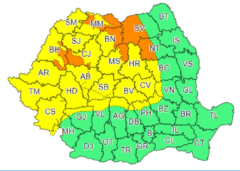 ANM anunță cod portocaliu și galben &icirc;n 8 județe &icirc;n următoarele ore