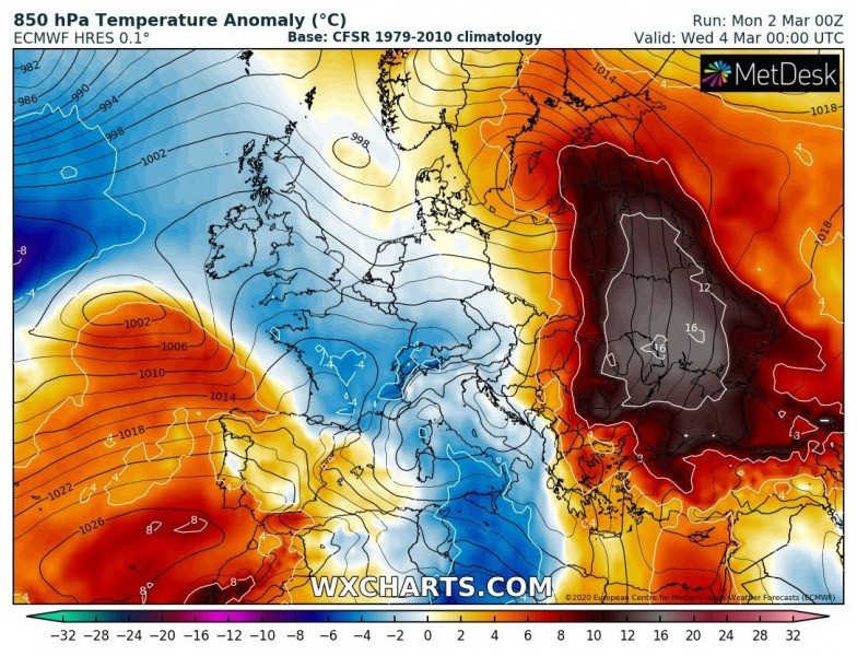 Harta temperaturilor pentru miercuri, 4 martie