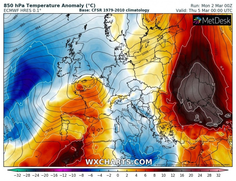 Harta temperaturilor pentru joi, 5 martie