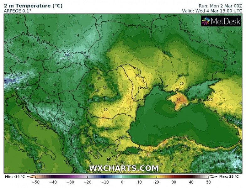 Harta temperaturilor pentru miercuri, 4 martie