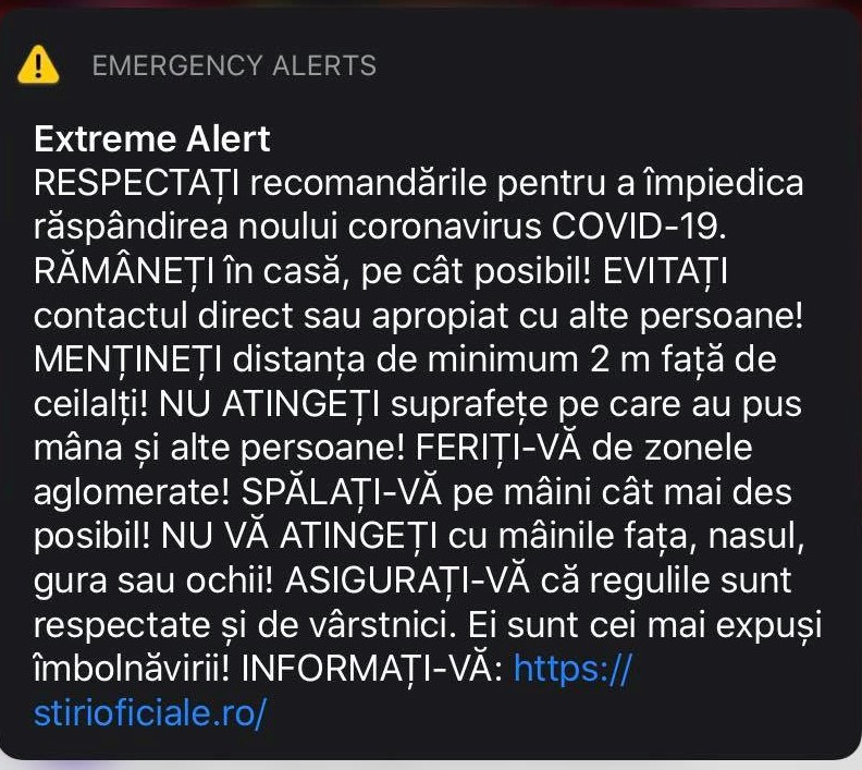 Ro-Alert a emis un mesaj de tip „Alertă EXTREMĂ” cu privire la coronavirus