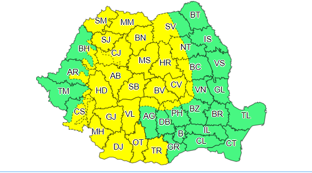 HARTA. Cod galben de viscol în 12 județe. Rafalele vor depăși 120 de km/h