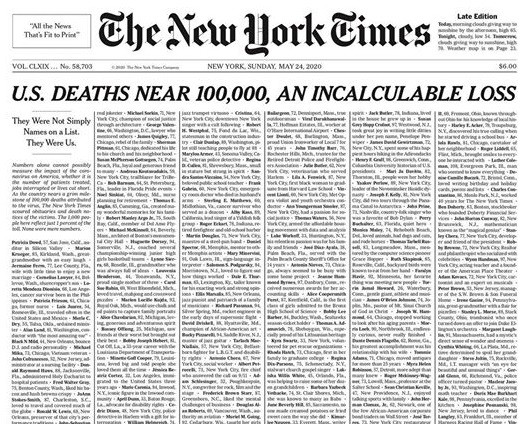 New York Times şi-a umplut prima pagină cu numele persoanelor ucise de Covid-19
