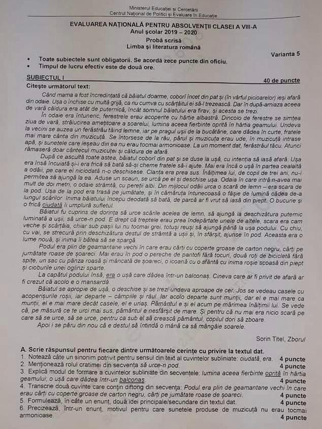Subiecte Rom&acirc;nă Evaluare Naţională 2020
