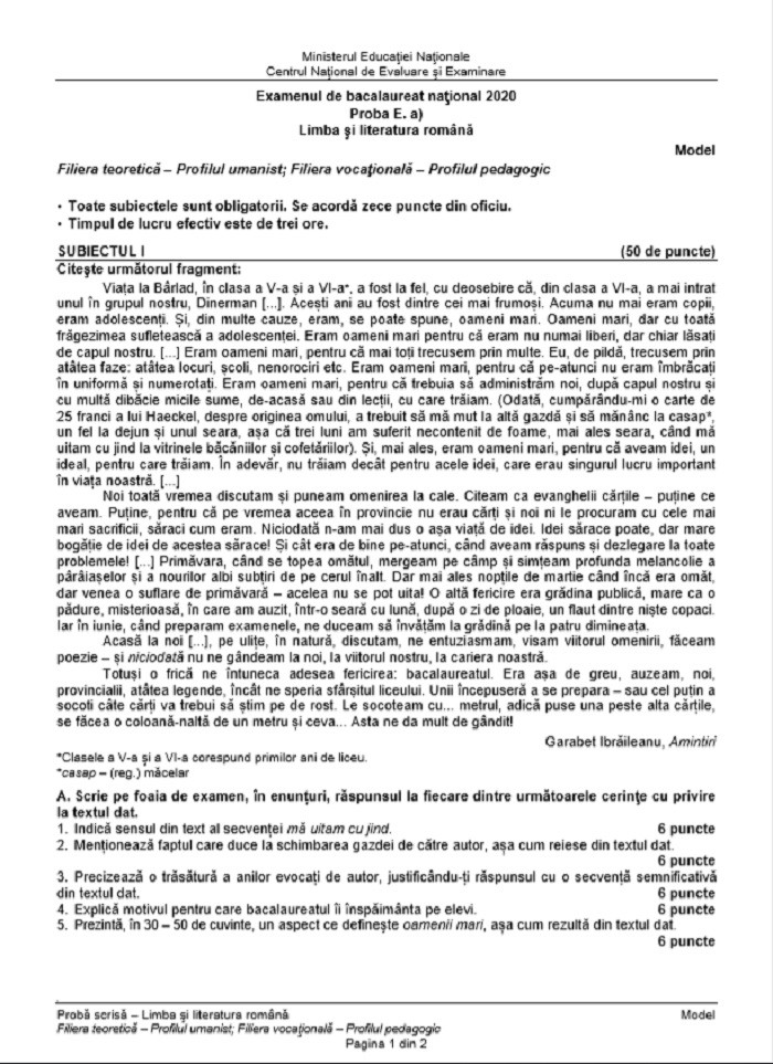 Model subiecte limba rom&acirc;nă BAC 2020, profil uman