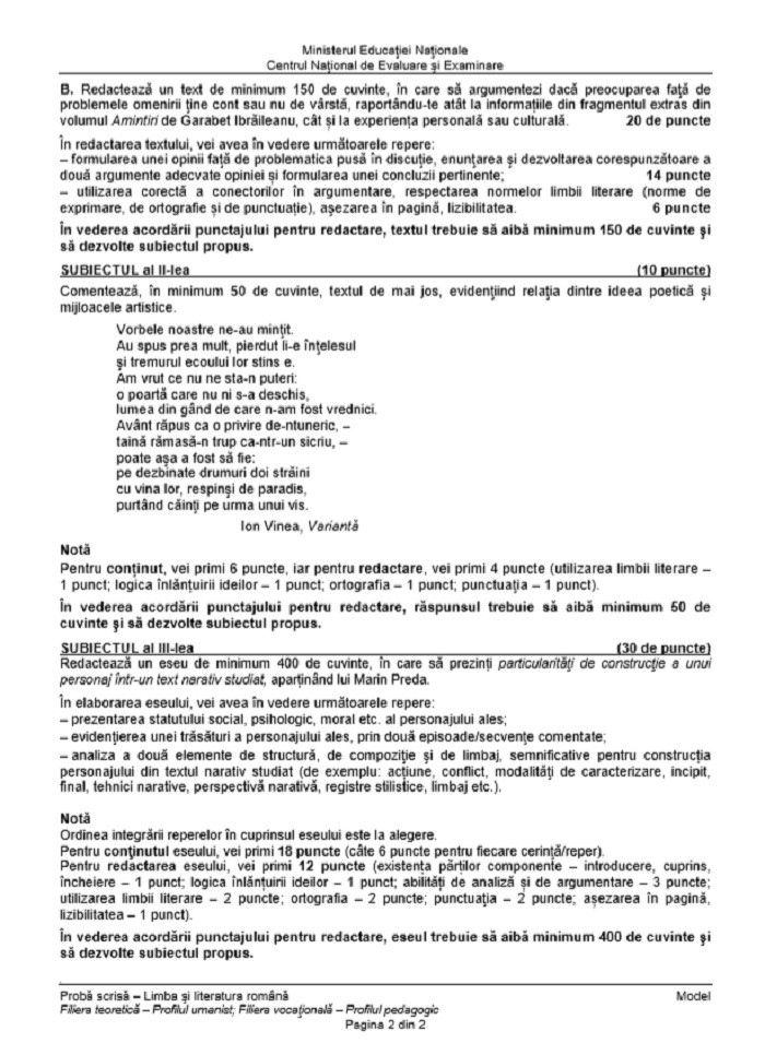 Model subiecte limba rom&acirc;nă BAC 2020, profil uman