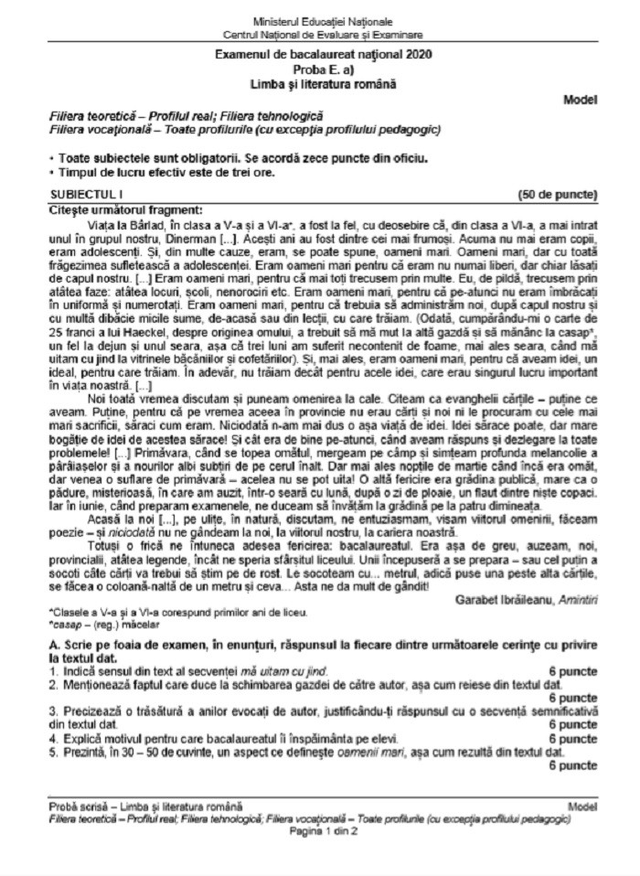 Model subiecte limba rom&acirc;nă BAC 2020, profil real