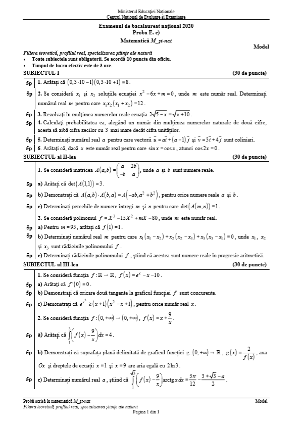 Subiecte matematică - științele naturii