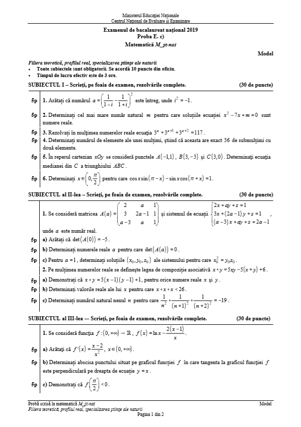 Subiecte matematica BAC 2019 - științele naturii