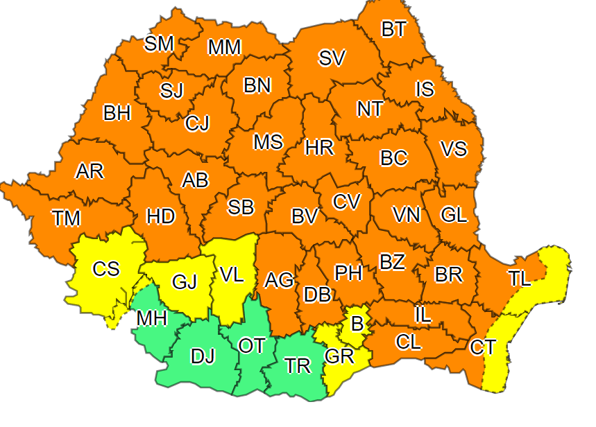 Cod portocaliu în cea mai mare parte a ţării, până luni dimineaţă. Ce se întâmplă apoi cu vremea