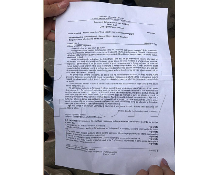SUBIECTE Bacalaureat 2020, Limba Rom&acirc;nă. Watermark - 2