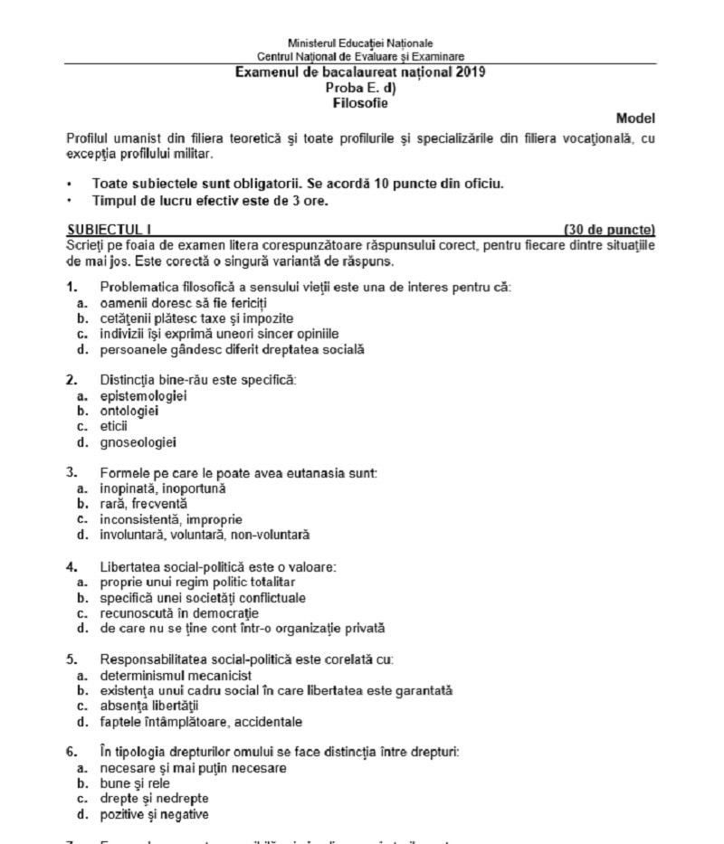 SUBIECTE Bacalaureat proba la alegere, profil uman, filosofie