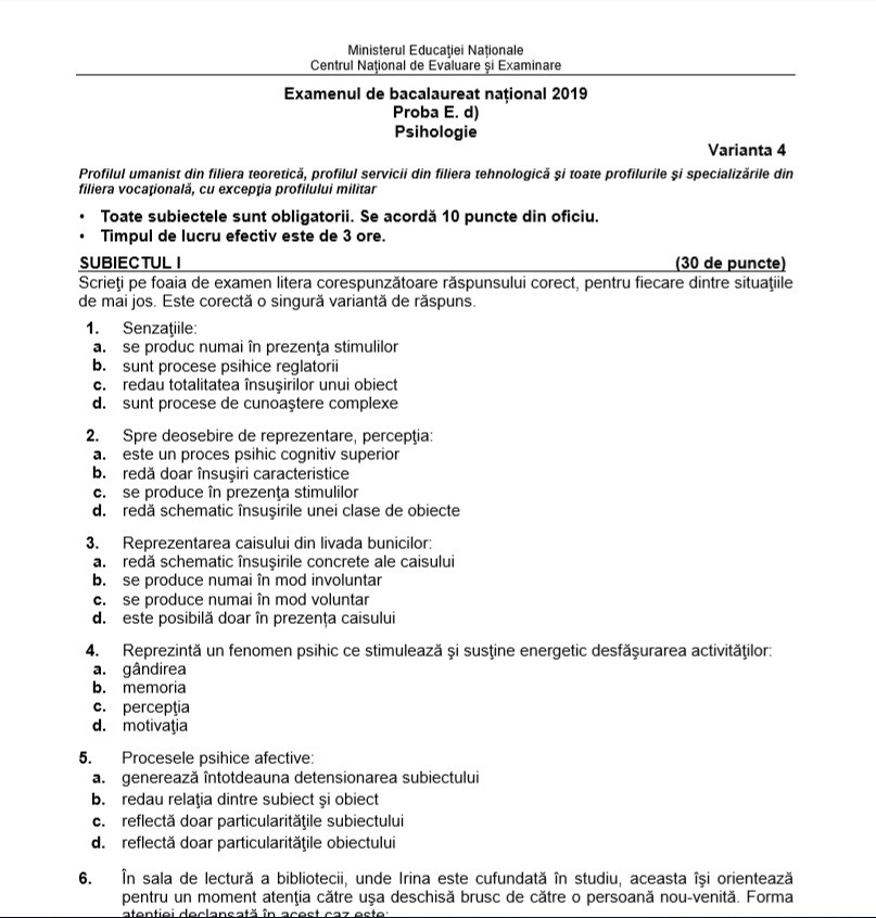 SUBIECTE Bacalaureat proba la alegere, profil uman, psihologie