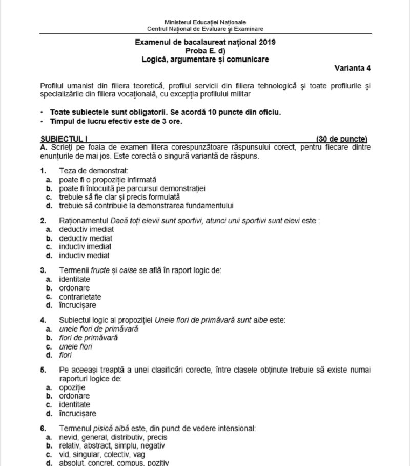SUBIECTE Bacalaureat proba la alegere, profil uman, logica