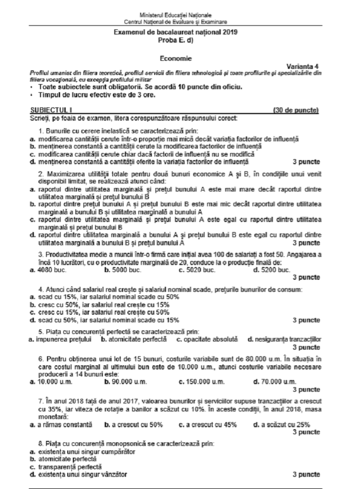 SUBIECTE Bacalaureat proba la alegere, profil uman, Economie