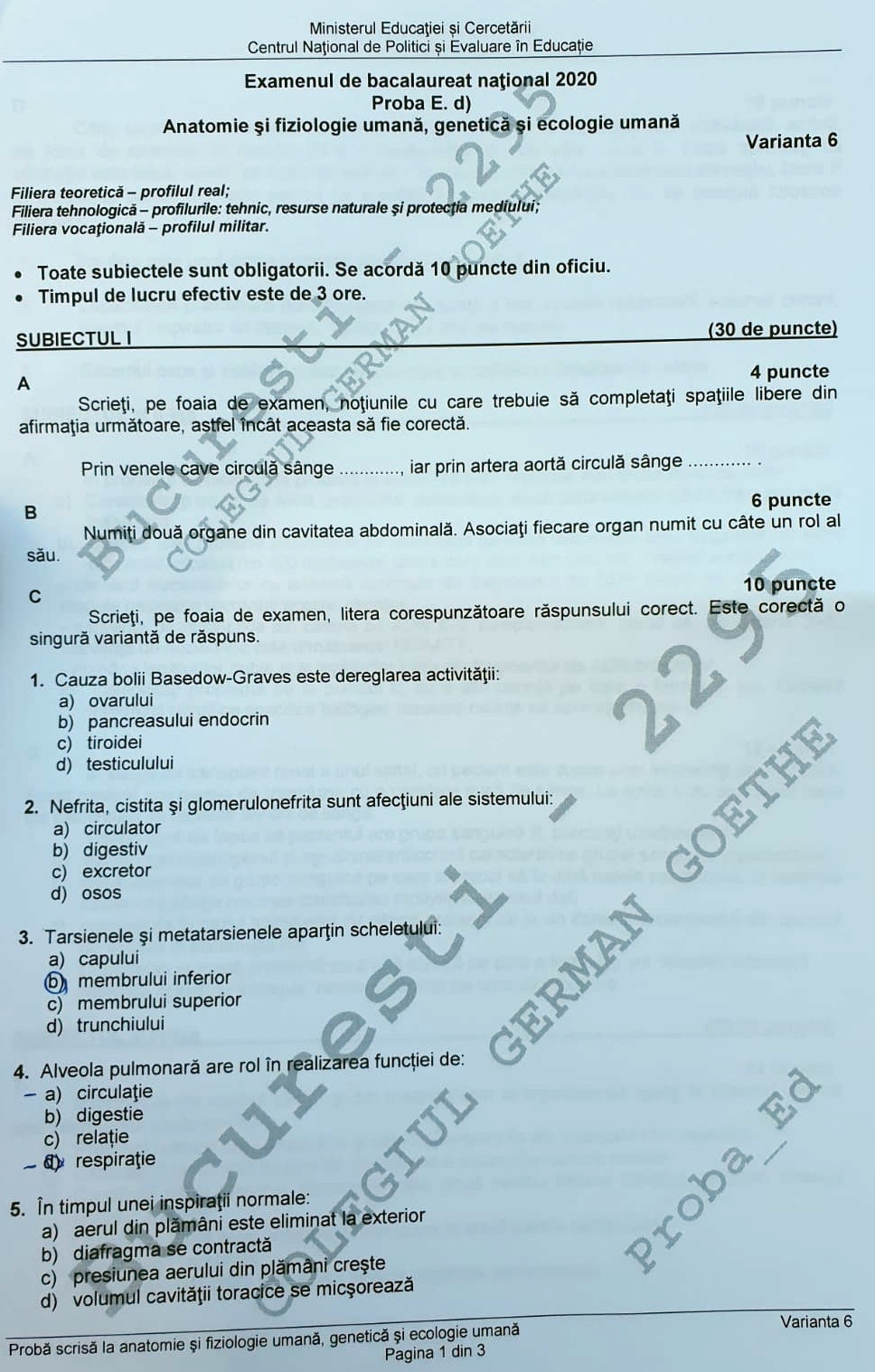 SUBIECTE BAC ANATOMIE 2020 - 2