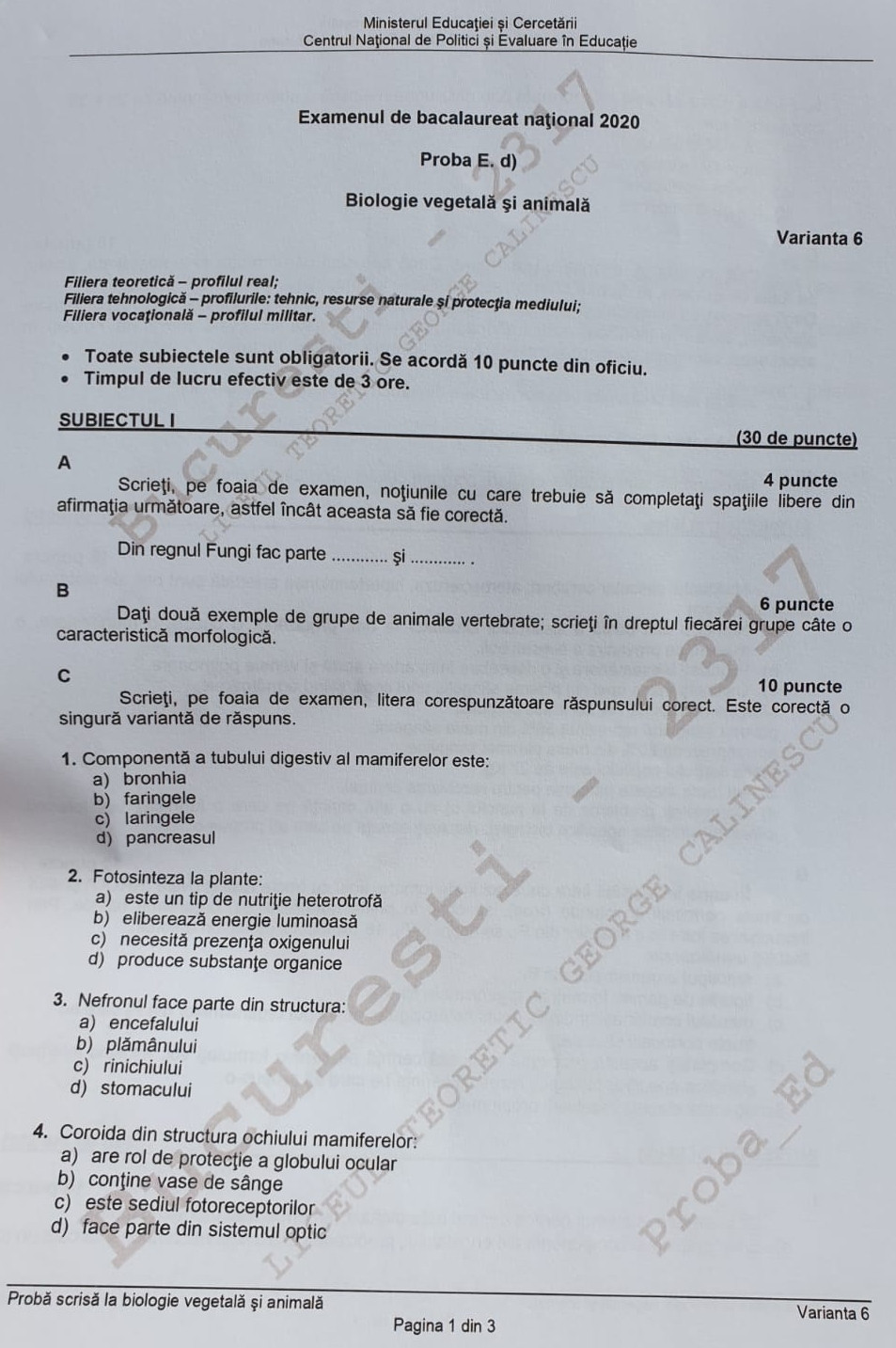 Subiect Biologie Vegetala si animala 2020 - 1