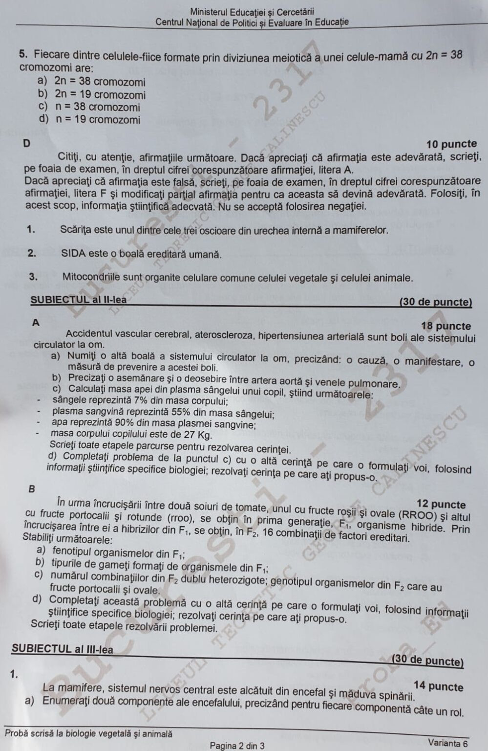 Subiect Biologie Vegetala si animala 2020 - 3