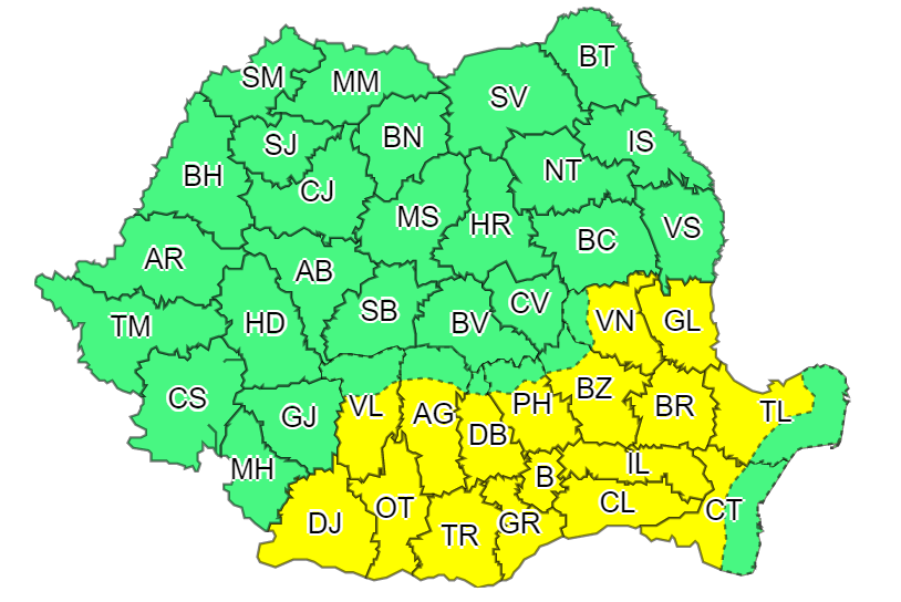 ANM: Cod galben de caniculă în 16 judeţe şi în municipiul Bucureşti