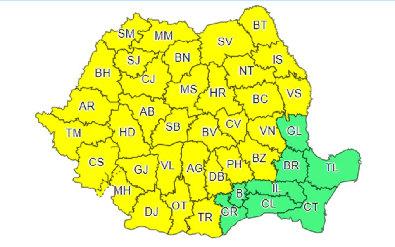 ANM anunță Cod galben de ploi torențiale, vijelii și grindină. Harta zonelor afectate
