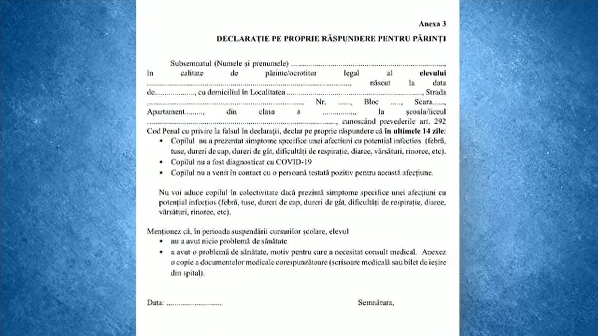 Declarație pe proprie răspundere pentru părinți. Cum arată documentul cu care elevii vor merge la școală