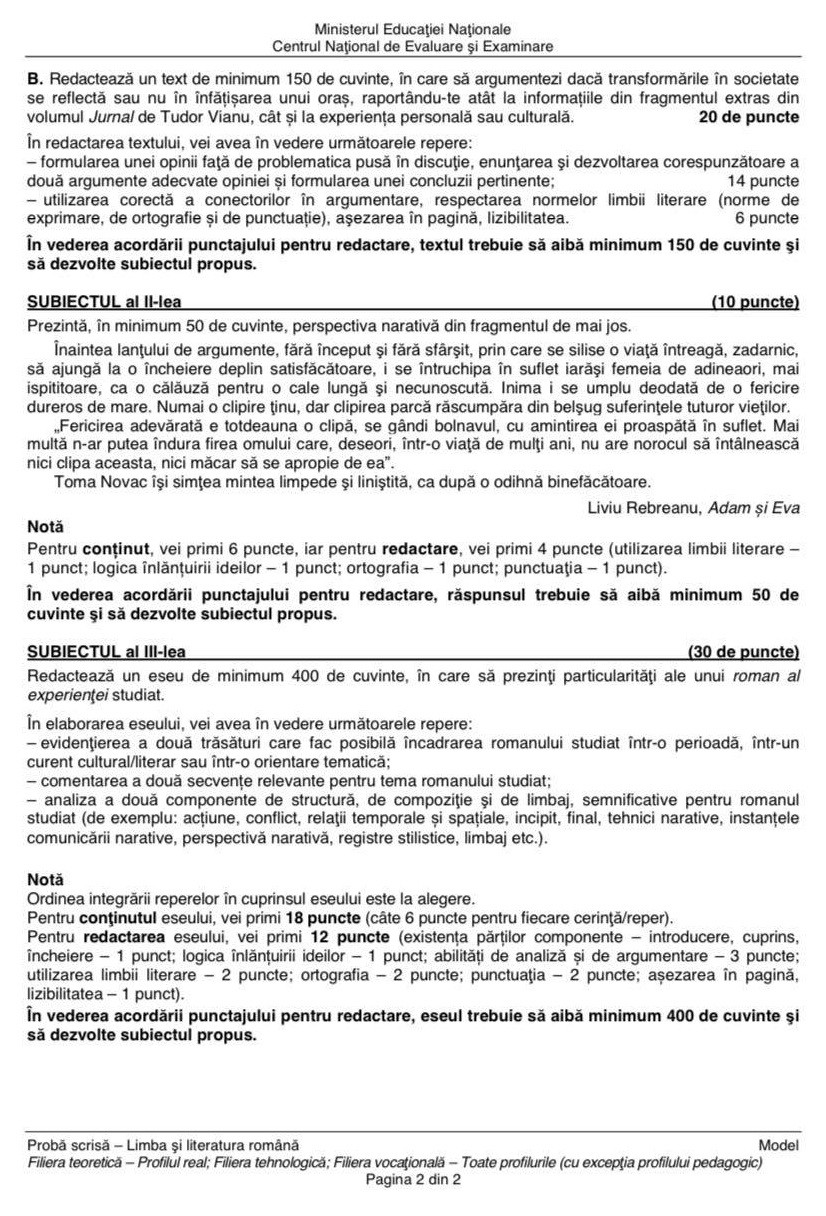 BAC limba rom&acirc;nă sesiunea toamnă 2020. Modele de subiecte la limba rom&acirc;nă