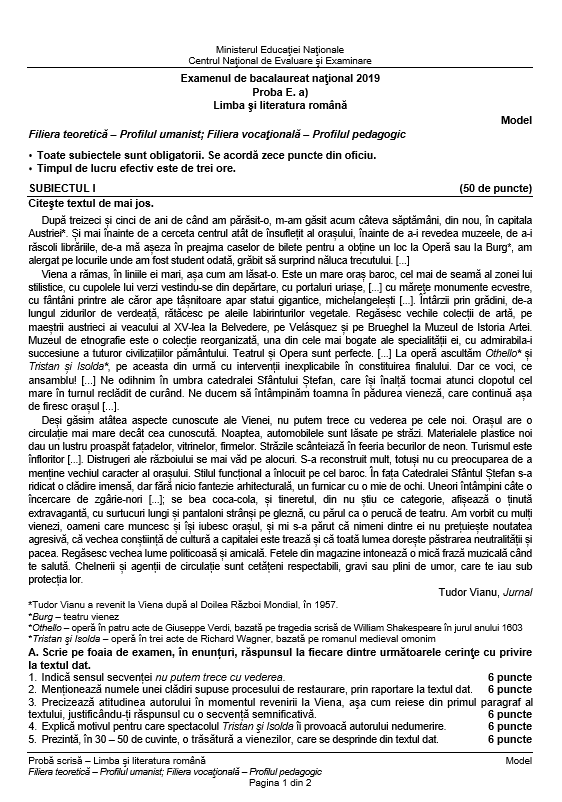 BAC limba rom&acirc;nă sesiunea toamnă 2020. Modele de subiecte la limba rom&acirc;nă